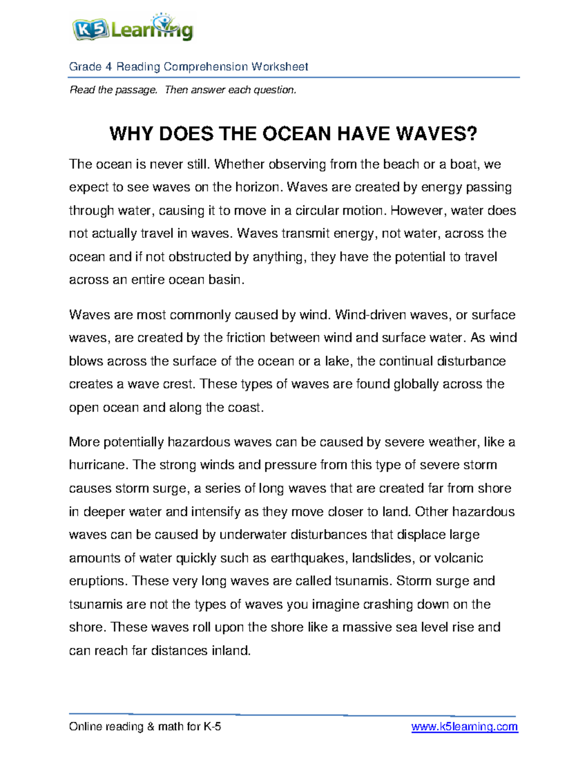 Ocean Reading Comprehension - Grade 4 Reading Comprehension within Reading Comprehension on Waves Worksheets
