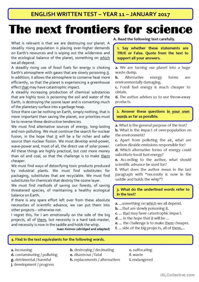 Our Environment (B1/B2 Test) Reading…: English Esl Worksheets Pdf with Reading Comprehension Worksheet B2