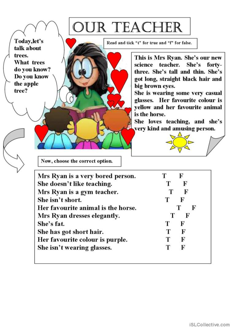 Our Teacher: Reading Comprehension R…: English Esl Worksheets Pdf throughout Teacher Worksheets Reading Comprehension