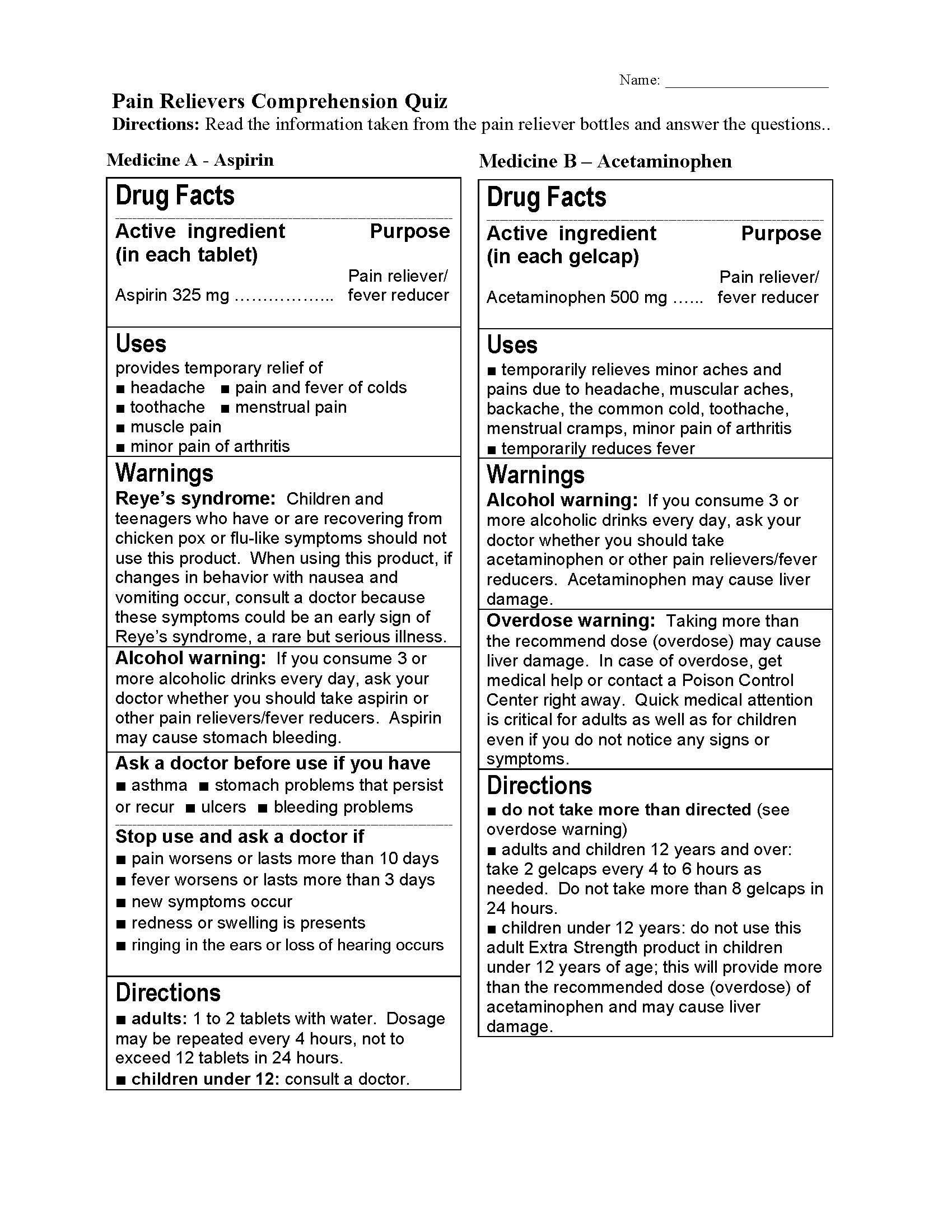 Pain Reliever Comparison | Nonfiction Reading Activity with regard to Comparison Reading Comprehension Worksheets