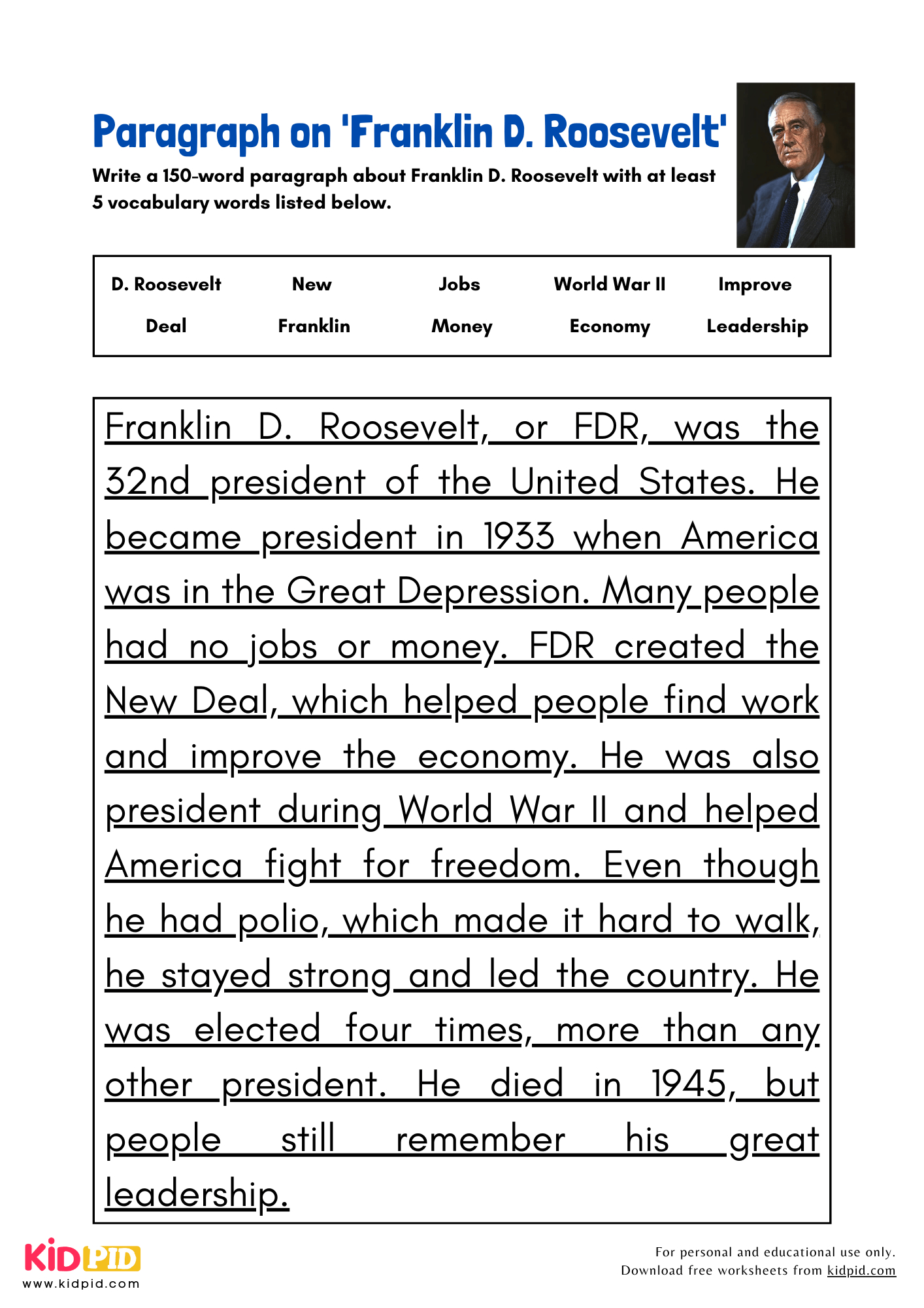 Paragraph On &amp;#039;Franklin D. Roosevelt&amp;#039; - Kidpid with Franklin D Roosevelt Reading Comprehension Worksheets