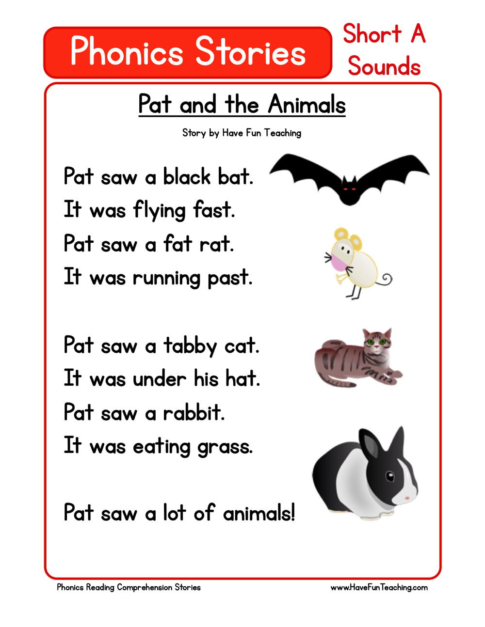Pat And The Animals Phonics Reading Comprehension Story Worksheet throughout Reading Comprehension Worksheet For Short Stories
