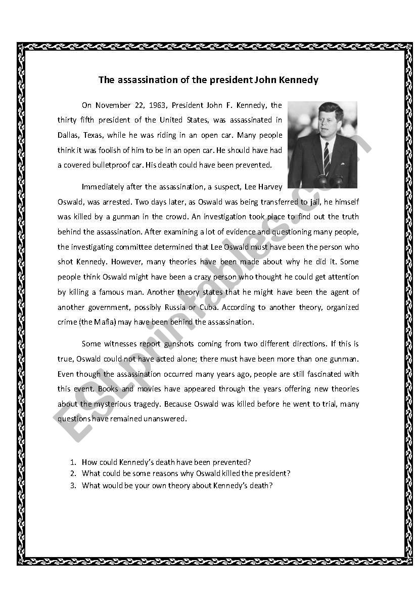 Perfect Modals / The Assassination Of John Kennedy - Esl Worksheet throughout Esl Reading Comprehension Worksheets Kennedy