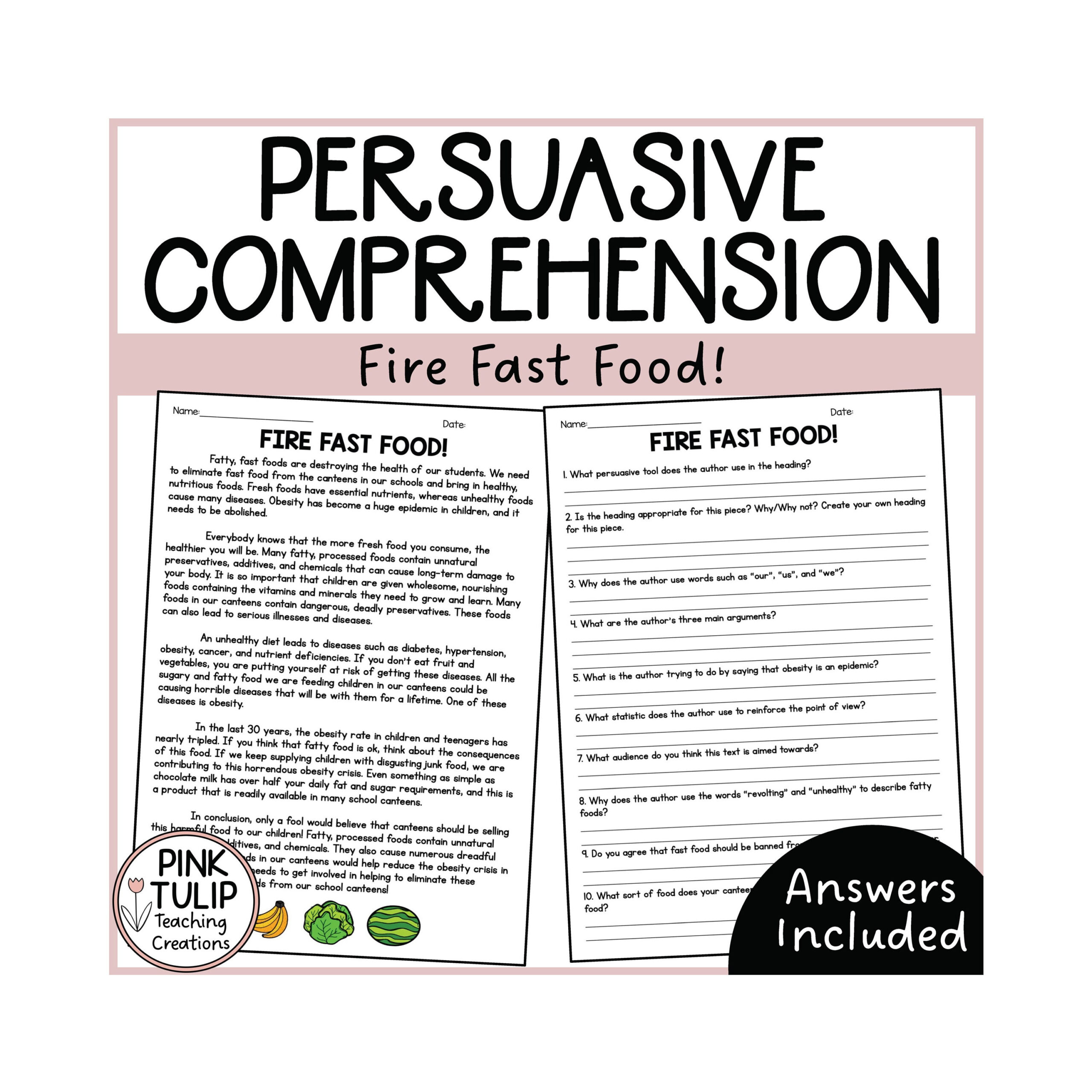 Persuasive Writing Comprehension - Fire Fast Food - Etsy throughout Persuasive Reading Comprehension Worksheets