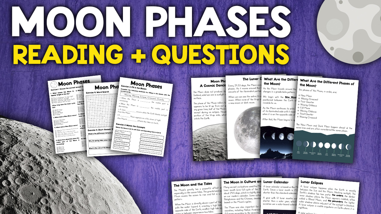 Phases Of The Moon Reading Comprehension Passage + Questions with Phases Of The Moon Reading Comprehension Worksheet