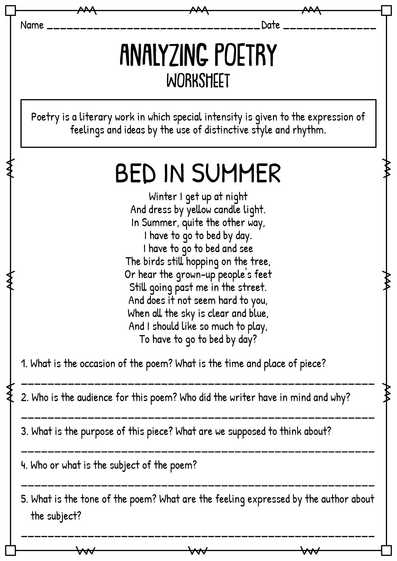 Poetry Comprehension Worksheets: Discover 7 Poem Comprehension inside Poems Reading Comprehension Worksheets