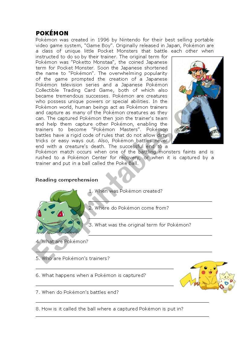 Pokémon Reading Comprehension - Esl Worksheetlola_Rivero for Pokemon Reading Worksheets