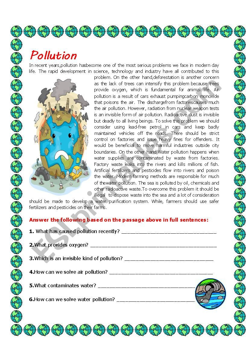 Pollution - Esl Worksheetelle81 with Air Pollution Reading Comprehension Worksheet