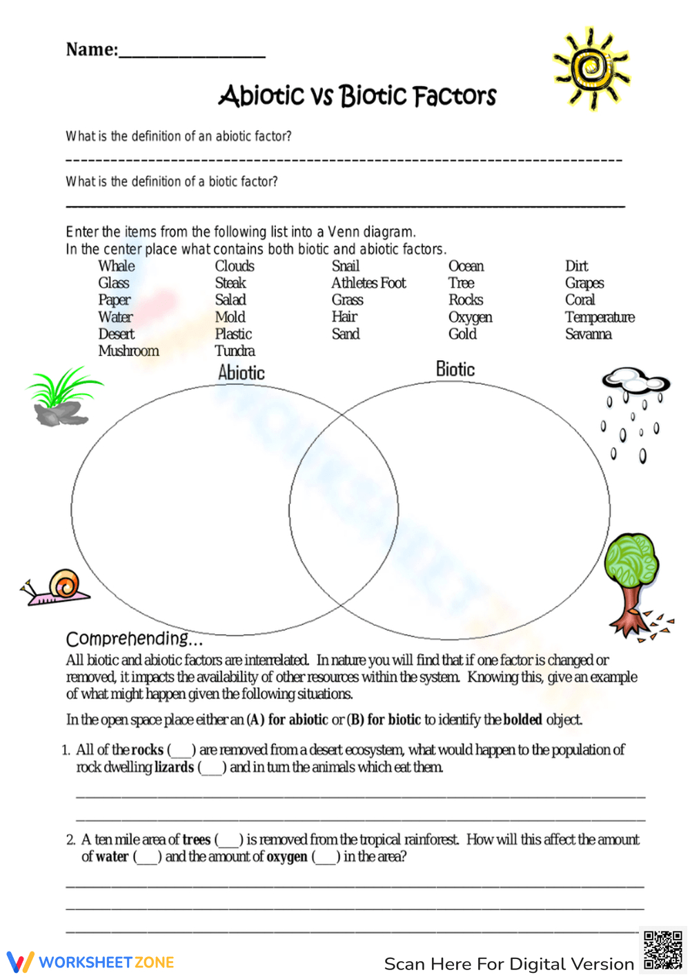 Printable Abiotic Vs Biotic Factors Worksheets Download with Abiotic and Biotic Factors Reading Comprehension Worksheets