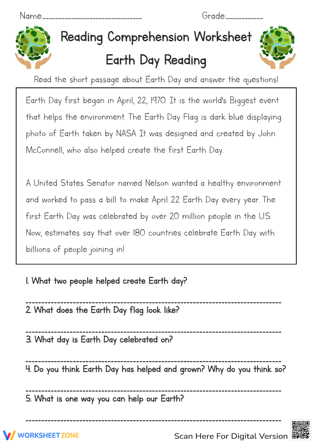 Printable Grade 4 Earth Day Worksheets Download for Earth Day Reading Comprehension Worksheets Free