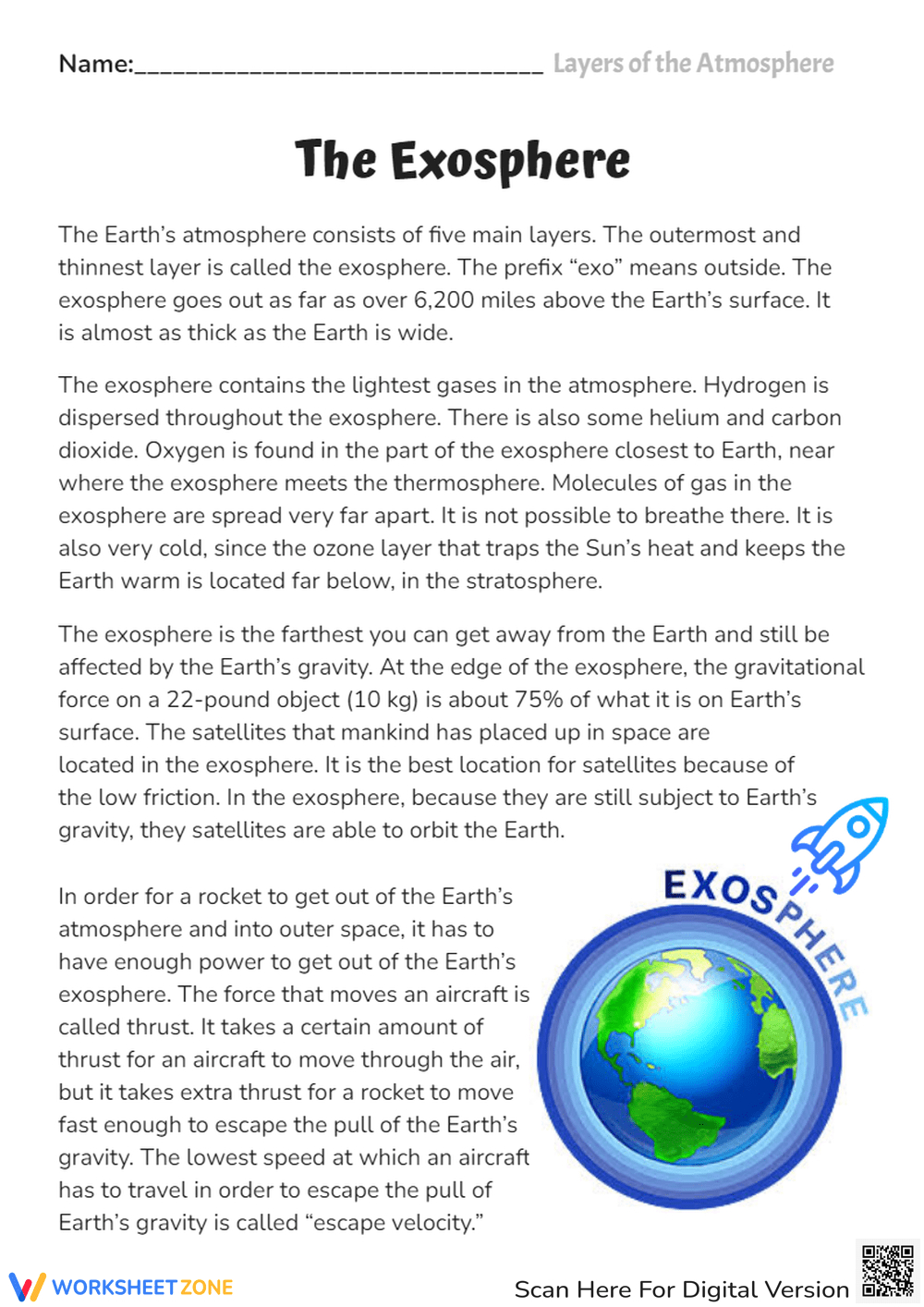Printable Grade 7 Atmospheric Layers Worksheets pertaining to Layers Of The Atmosphere Reading Comprehension Worksheet