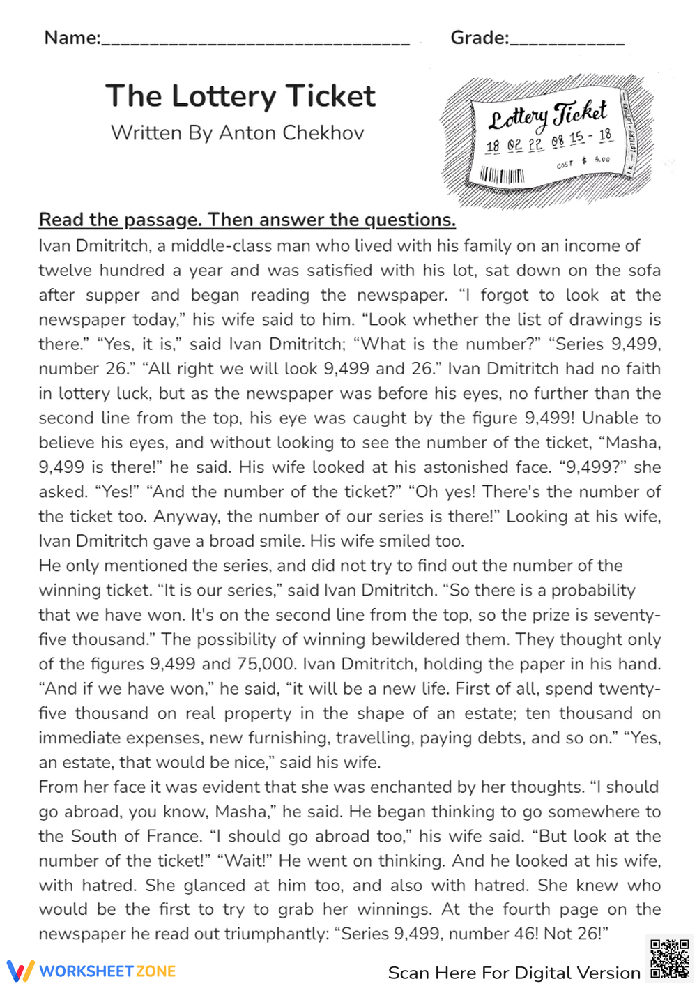 Printable Grade 7 Short Story Worksheets with Short Stories For Grade 7 Students Worksheets