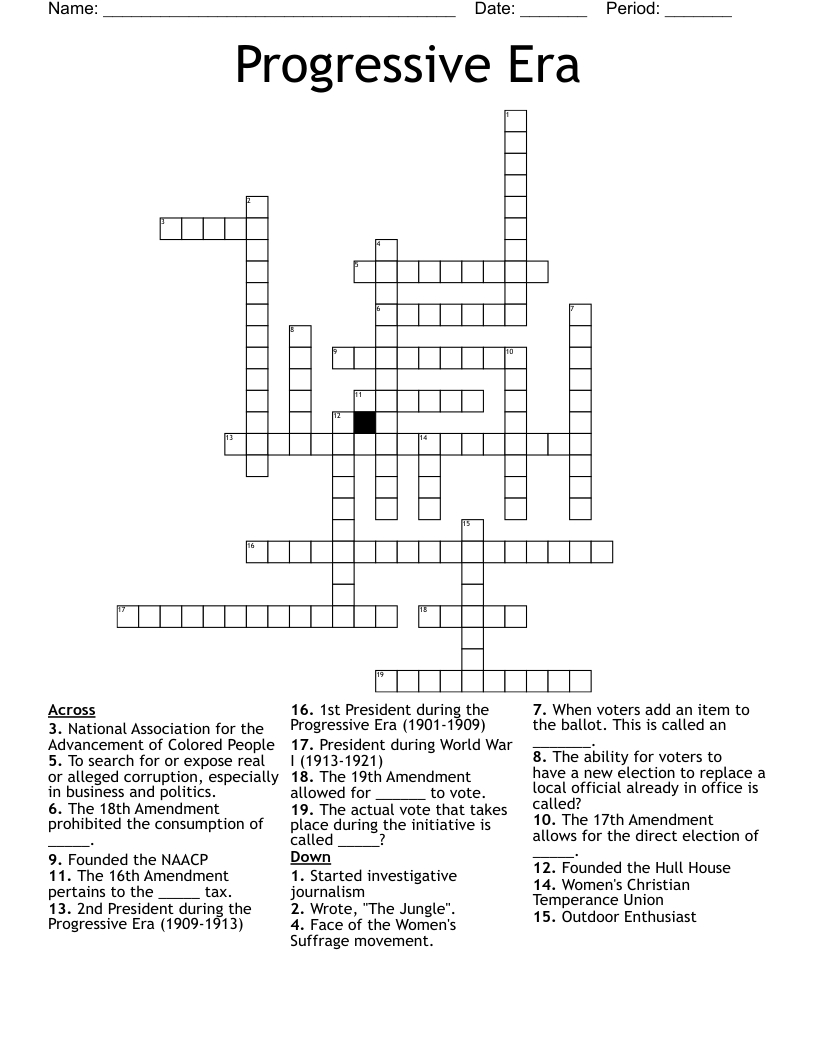 Progressive Era Crossword - Wordmint in Progressive Era Reading Comprehension Worksheet