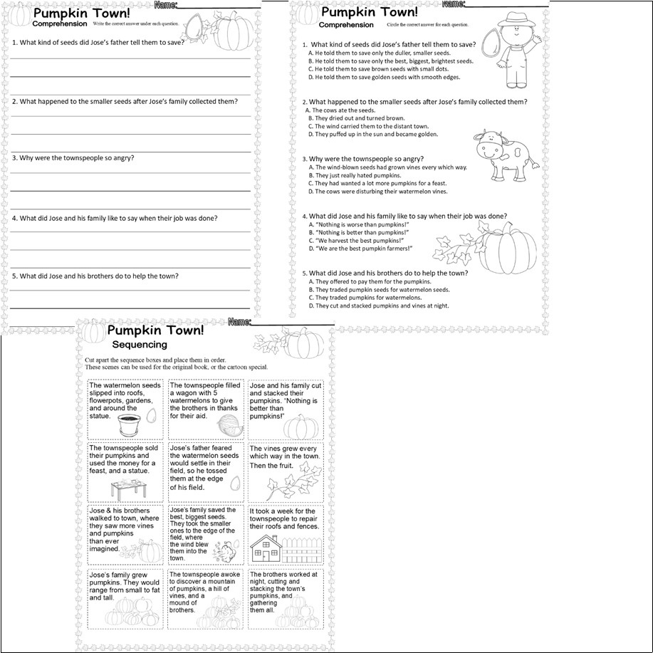 Pumpkin Town! Fall Reading Comprehension Quiz &amp;amp; Story Sequencing pertaining to Pumpkin Reading Comprehension Worksheet