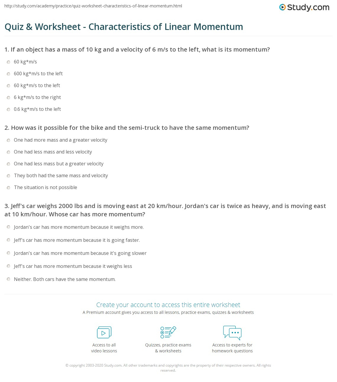 Quiz &amp;amp; Worksheet - Characteristics Of Linear Momentum | Study intended for Momentum Reading Comprehension Worksheet