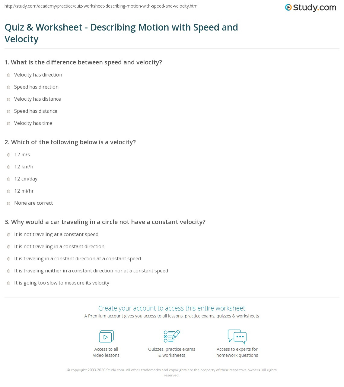 Quiz &amp;amp; Worksheet - Describing Motion With Speed And Velocity intended for Speed and Velocity Reading Comprehension Worksheet