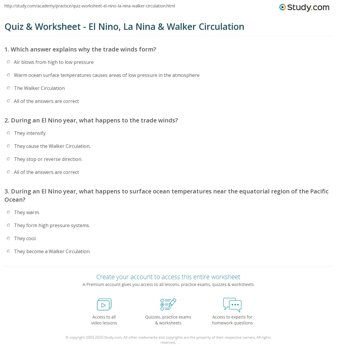Quiz &amp;amp; Worksheet - El Nino, La Nina &amp;amp; Walker Circulation | Study for El Nino Reading Comprehension Worksheet