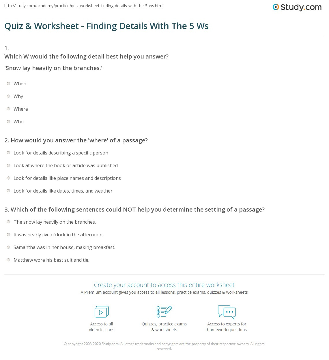 Quiz &amp;amp; Worksheet - Finding Details With The 5 Ws | Study within 5 Ws Reading Comprehension Worksheet