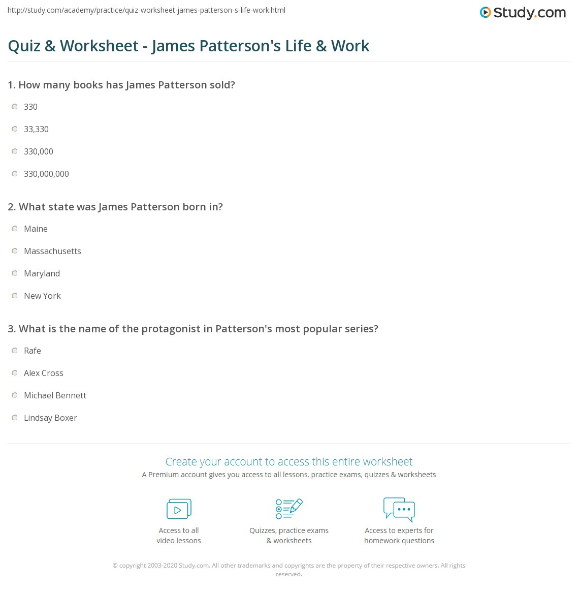Quiz &amp;amp; Worksheet - James Patterson&amp;#039;S Life &amp;amp; Work | Study pertaining to James Patterson Biography Reading Comprehension Worksheets