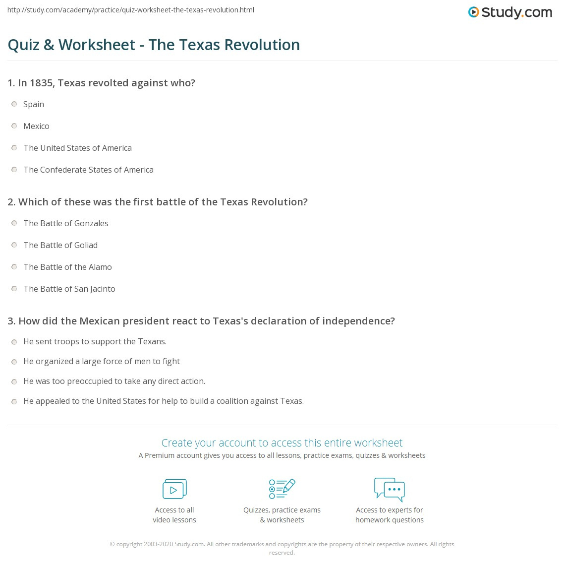 Quiz &amp;amp; Worksheet - The Texas Revolution | Study within Texas Revolution Reading Comprehension Worksheets
