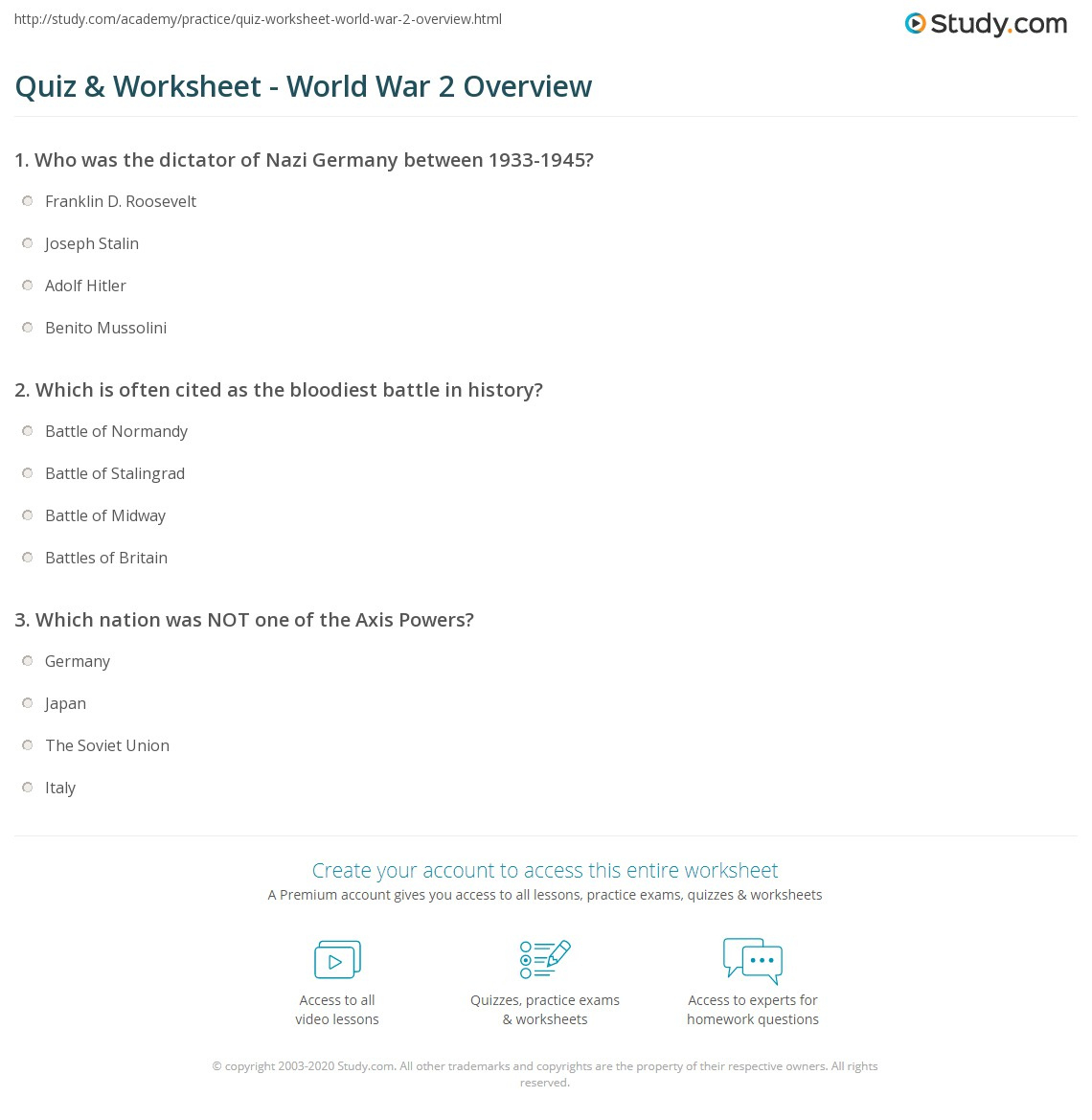 Quiz &amp;amp; Worksheet - World War 2 Overview | Study inside World War Two Comprehension Worksheets With Questions