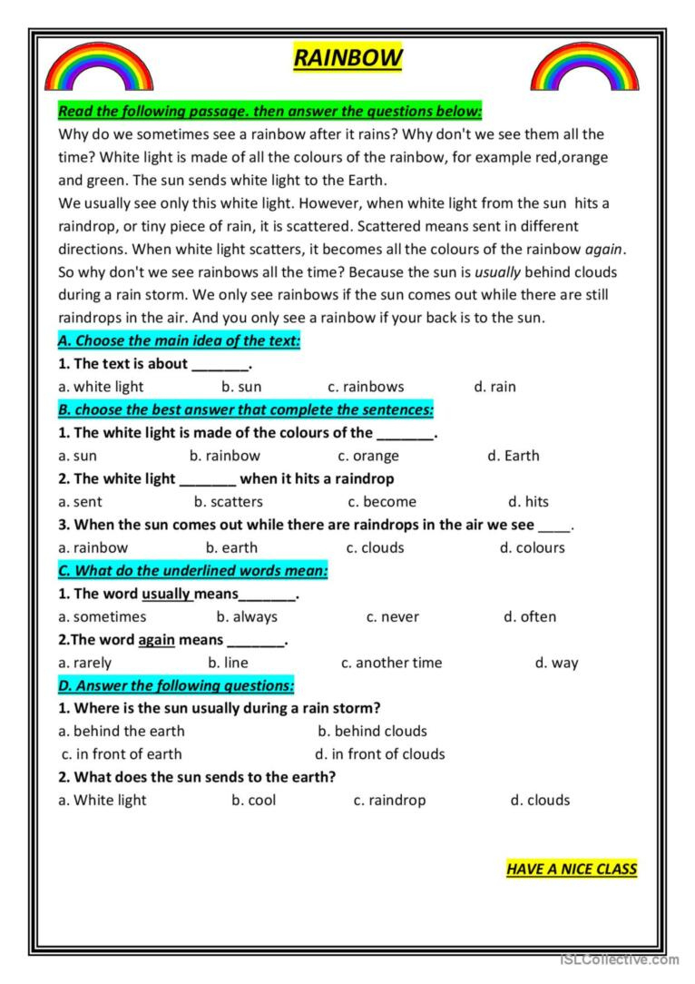Rainbow Reading For Detail (Dee…: English Esl Worksheets Pdf &amp;amp; Doc intended for Rainbow Reading Comprehension Worksheet