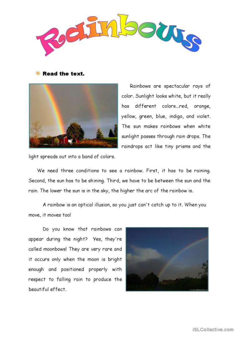 Rainbows Reading For Detail (Dee…: English Esl Worksheets Pdf &amp;amp; Doc with regard to Rainbow Reading Comprehension Worksheet