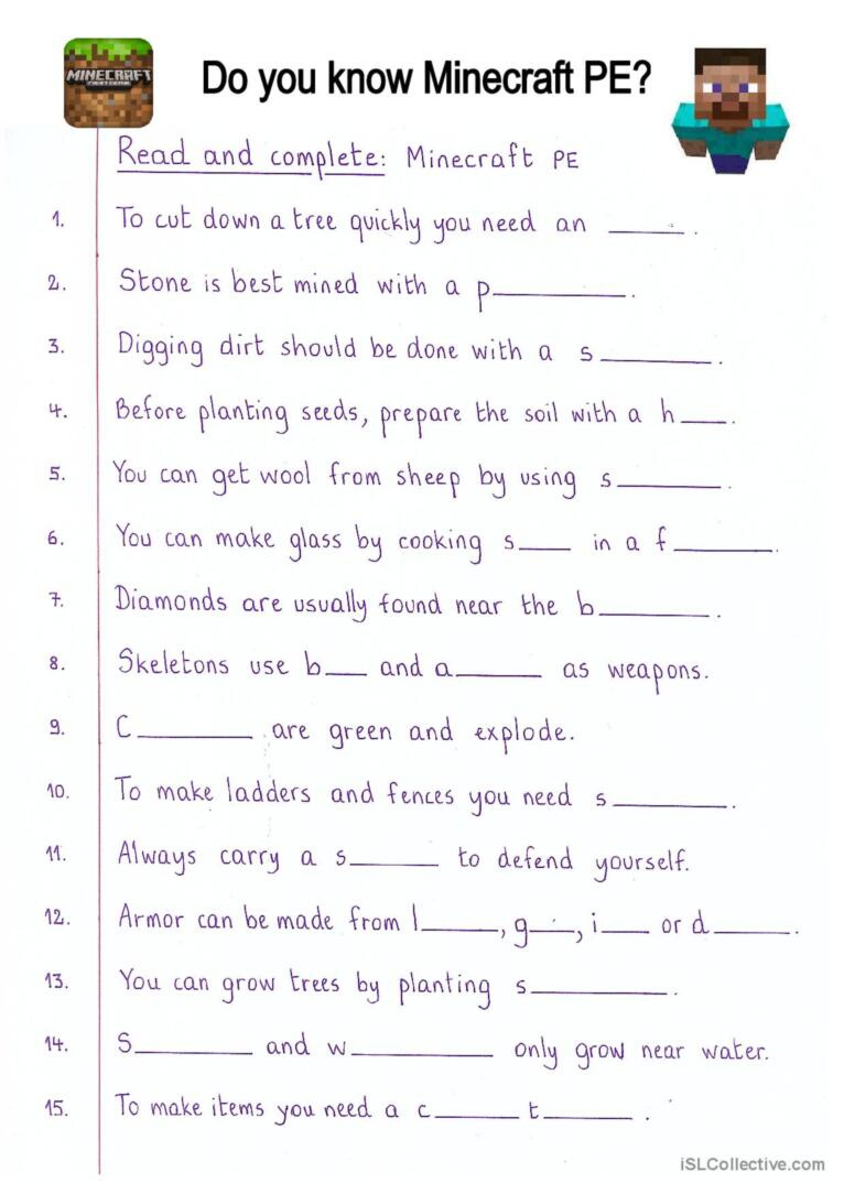 Read And Complete - Minecraft Pe: English Esl Worksheets Pdf &amp;amp; Doc throughout Minecraft Reading Comprehension Worksheets With Questions