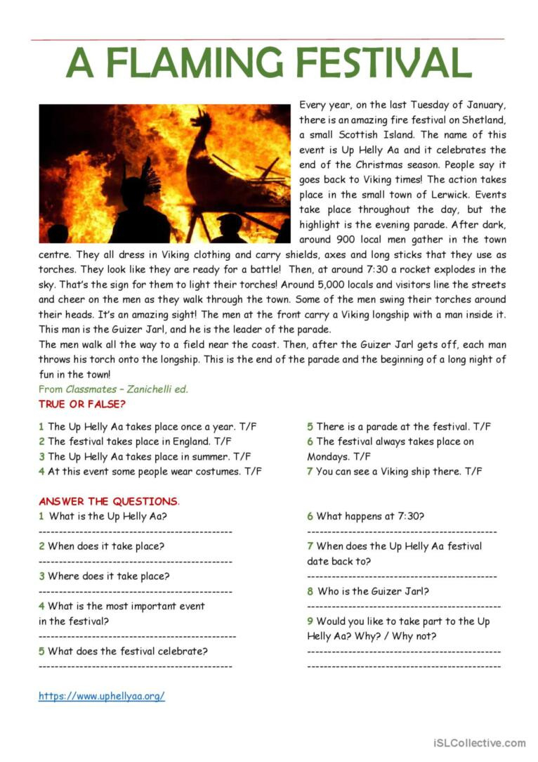 Reading - A Flaming Festival Finding…: English Esl Worksheets Pdf regarding Culture Reading Comprehension Worksheets