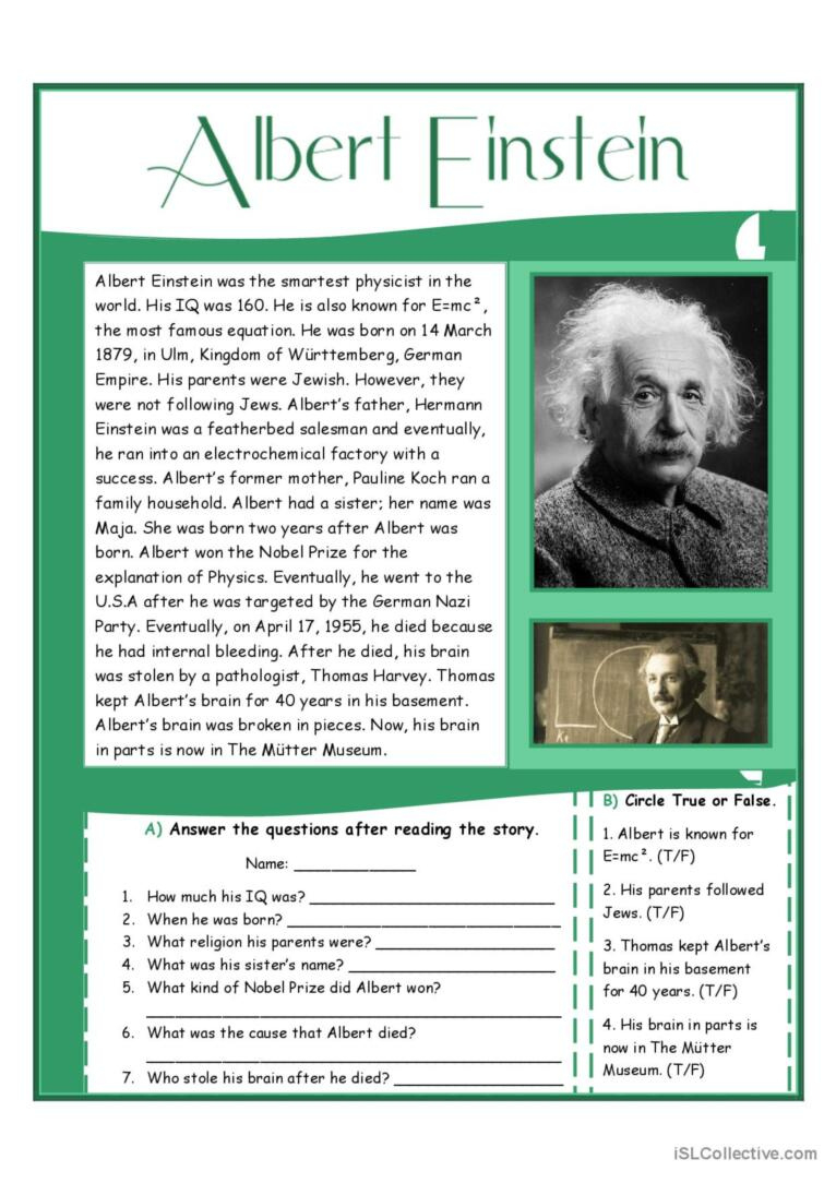 Reading Comprehension - Alber…: English Esl Worksheets Pdf &amp;amp; Doc pertaining to Albert Einstein Reading Comprehension Worksheet