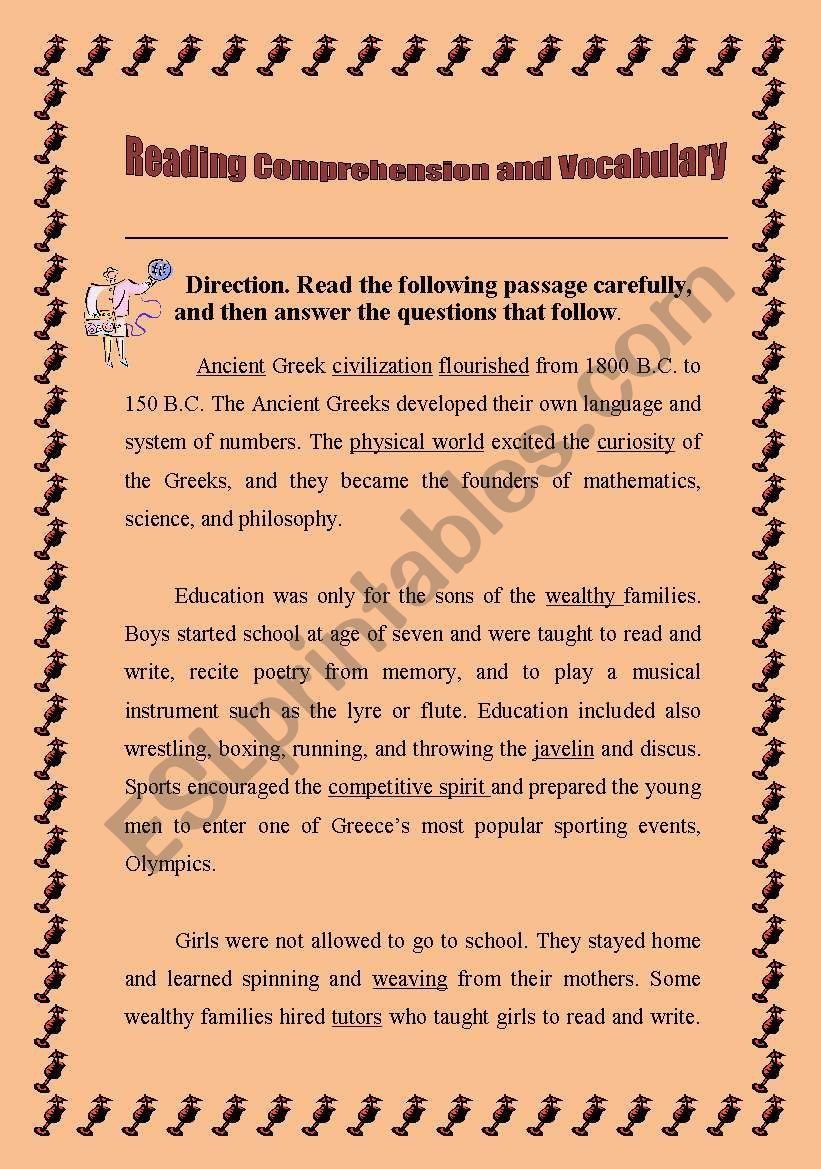 Reading Comprehension-Ancient Greek Civilization - Esl Worksheet with regard to Ancient Greece Reading Comprehension Worksheets