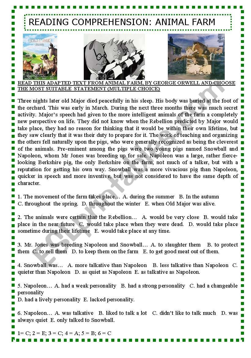 Reading Comprehension: Animal Farm - Esl Worksheettagoreluz1 in Grade 5 Farm Animals Reading Comprehension Worksheets