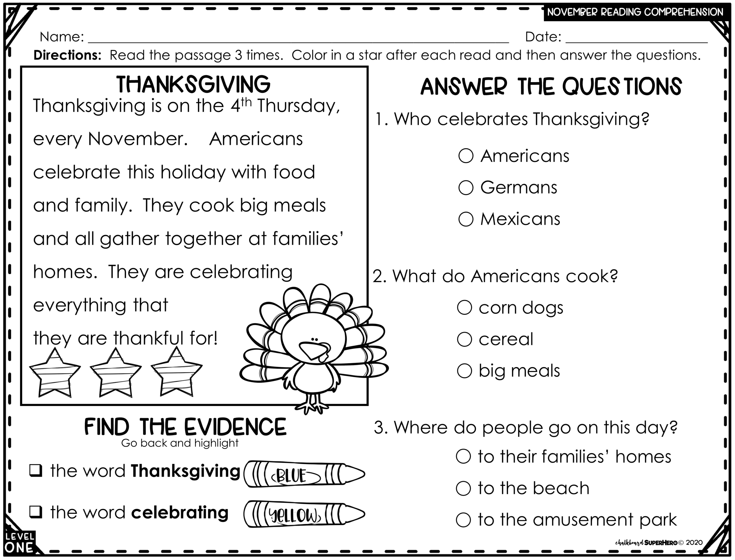 Reading Comprehension Answering Wh Questions {November} 3 Levels throughout November Reading Comprehension Worksheets