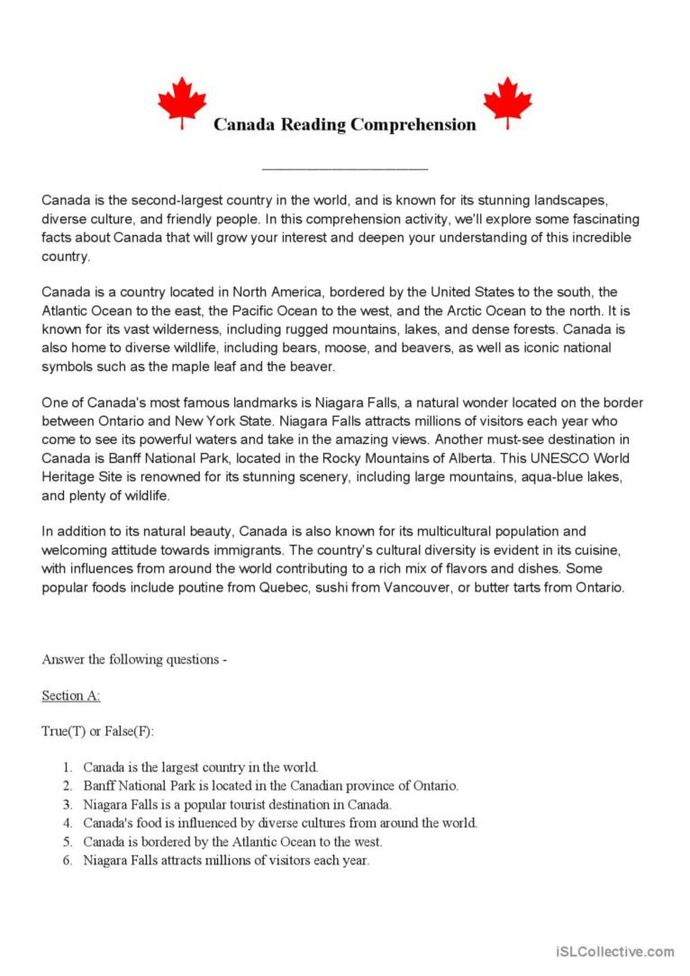 Reading Comprehension - Canada Gener…: English Esl Worksheets Pdf throughout Canadian Culture Reading Comprehension Worksheets