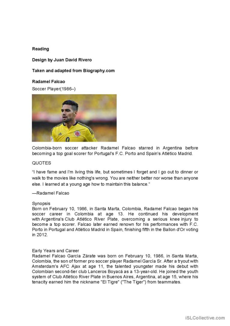 Reading Comprehension Falcao Garcia…: English Esl Worksheets Pdf &amp;amp; Doc intended for Soccer Reading Comprehension Worksheets For English Learners