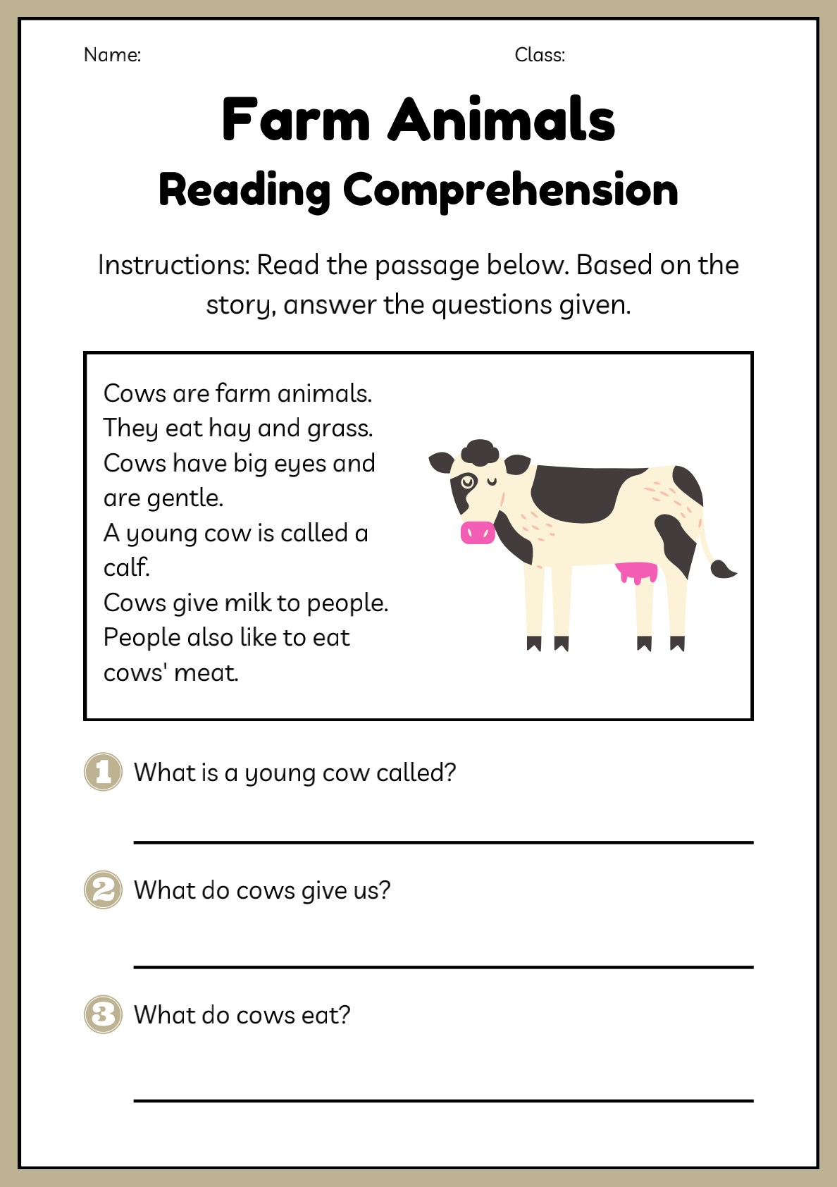 Reading Comprehension -Farm Animals – Sheets for Grade 5 English Comprehension Worksheets Farm Animals