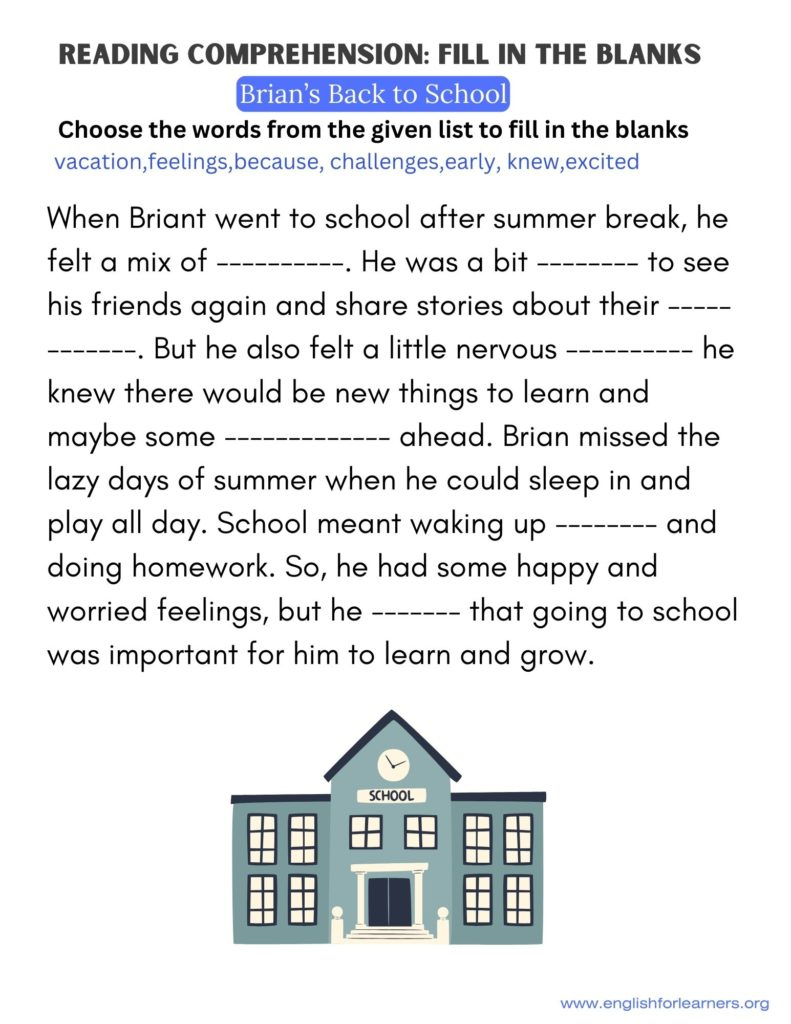 Reading Comprehension: Fill In The Blanks Brian'S Back To School - for Fill In the Blanks Reading Comprehension Worksheets