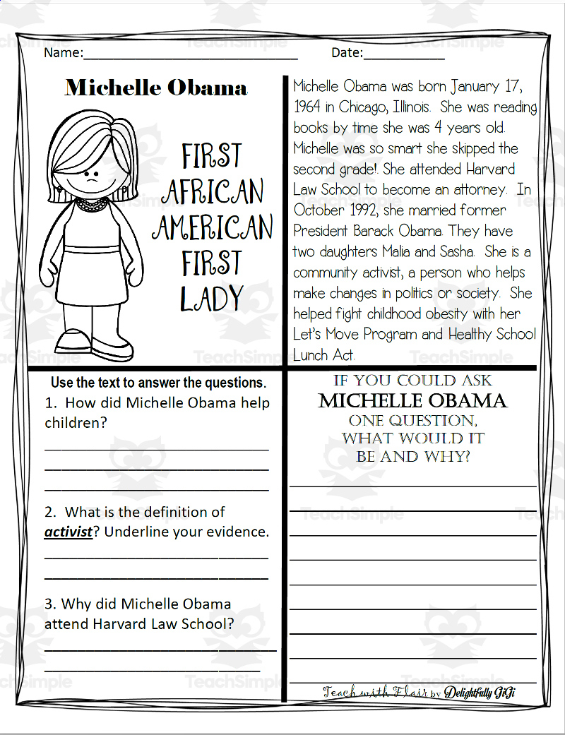 Reading Comprehension For Black History Month: Michelle Obama regarding African American Reading Comprehension Worksheets
