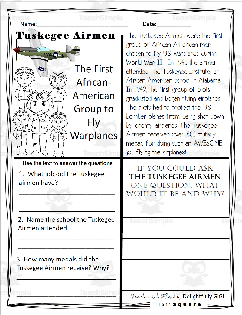 Reading Comprehension For Black History Month: Tuskegee Airmen with Tuskegee Airmen Reading Comprehension Worksheet