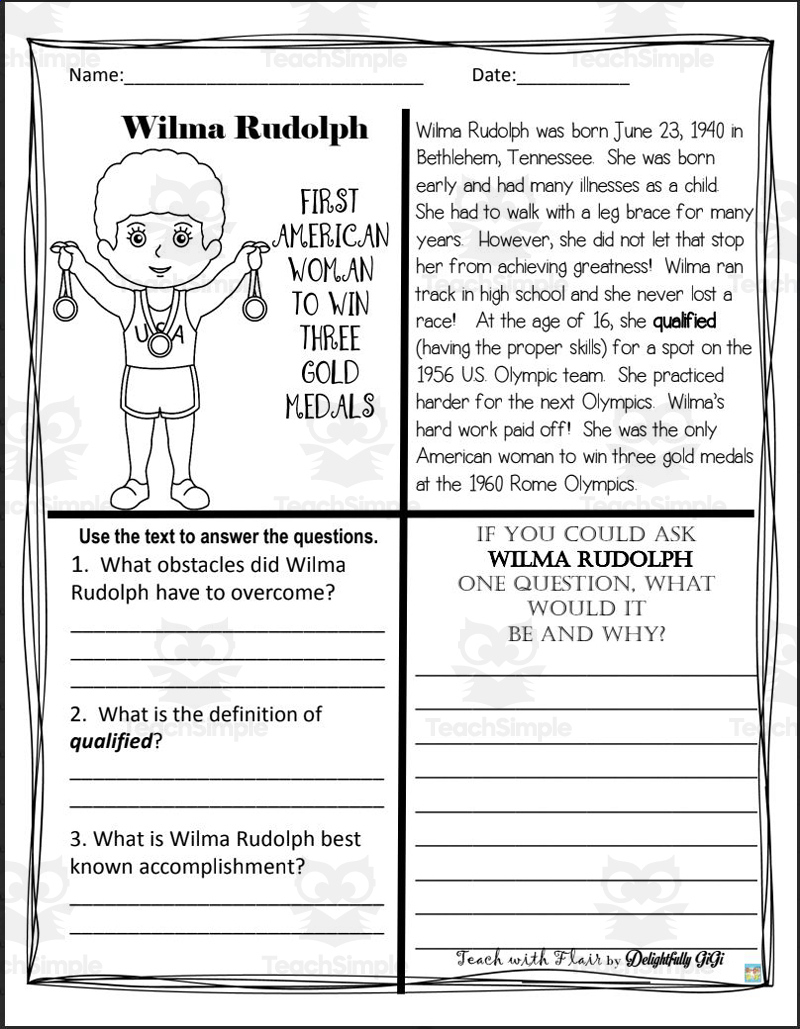 Reading Comprehension For Black History Month: Wilma Rudolph regarding Black American History Reading Comprehension Worksheets