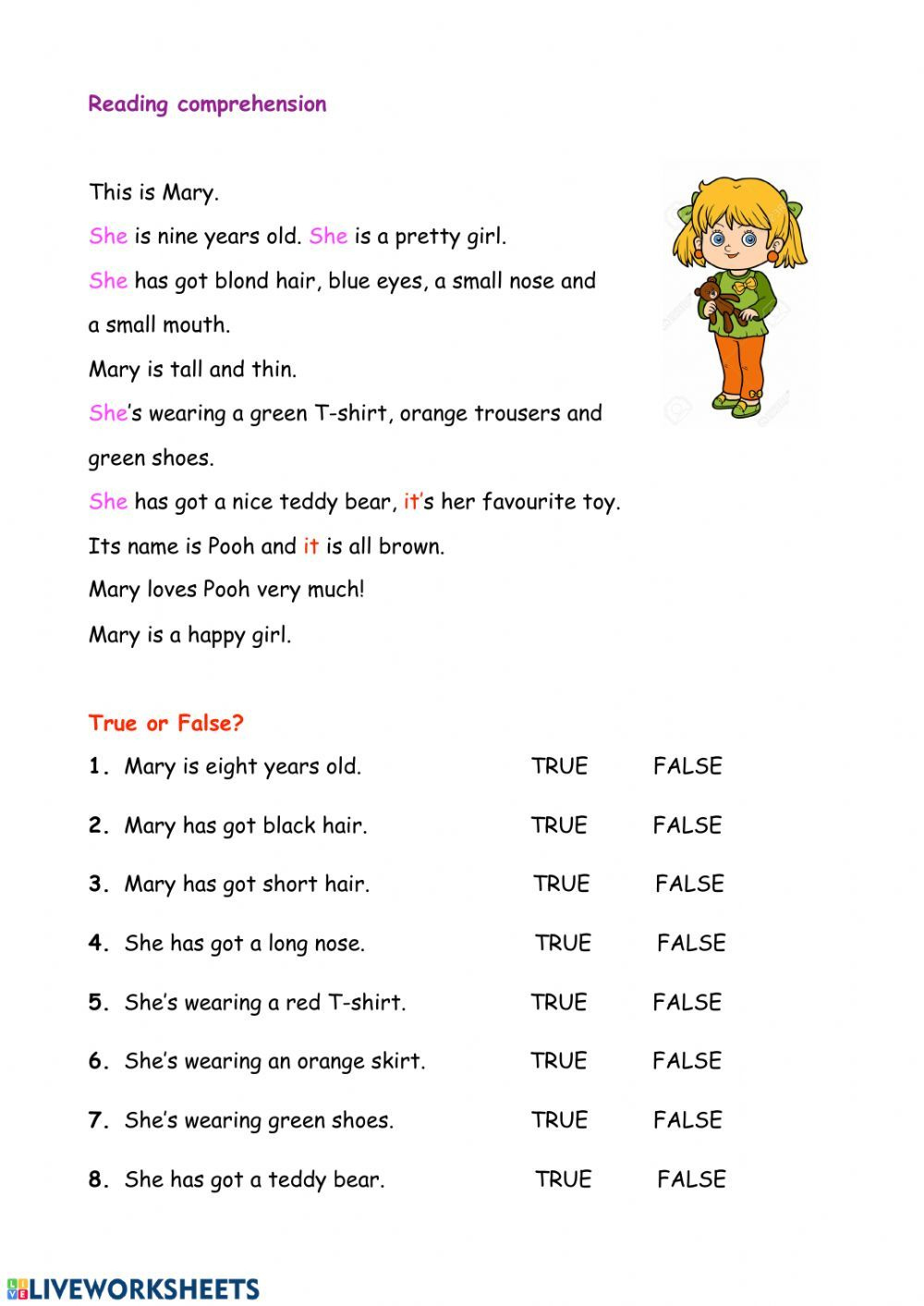Reading Comprehension For Kids Interactive Worksheet C15 in Liveworksheet Reading Comprehension Worksheets