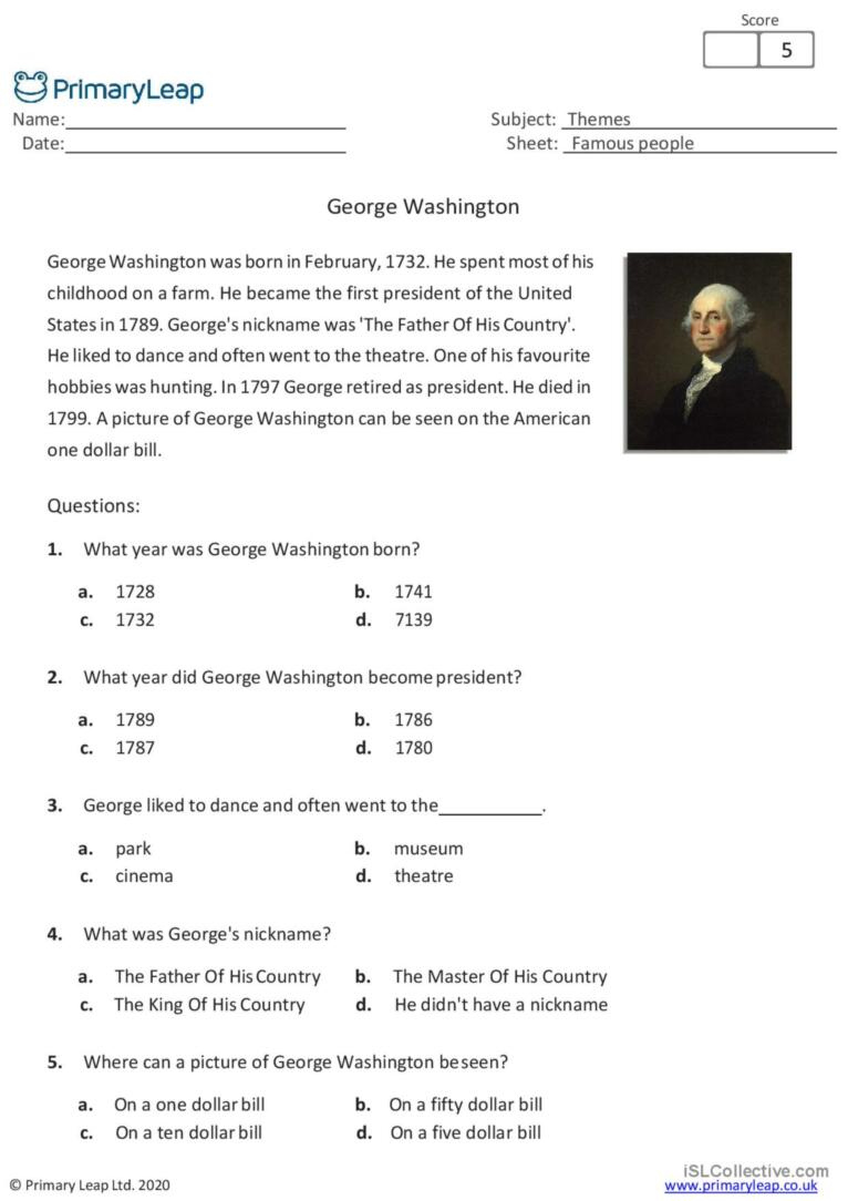 Reading Comprehension - George Washi…: English Esl Worksheets Pdf regarding George Washington Reading Comprehension Worksheets