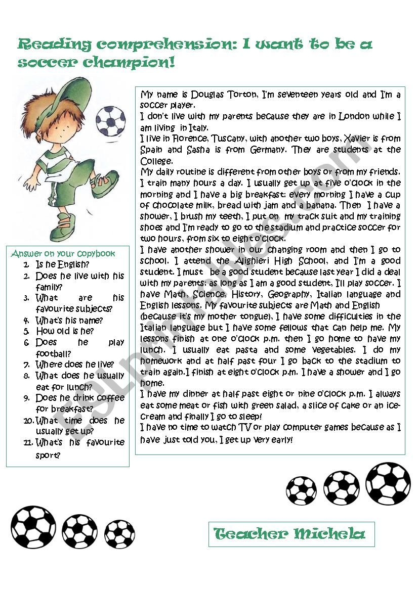 Reading Comprehension: I Want To Be A Soccer Champion! - Esl inside Soccer Reading Comprehension Worksheets For English Learners