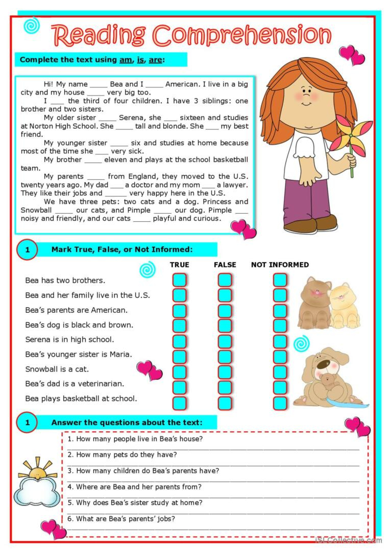 Reading Comprehension (Is, Are, Am)…: English Esl Worksheets Pdf &amp;amp; Doc inside Esl Reading Comprehension Worksheet