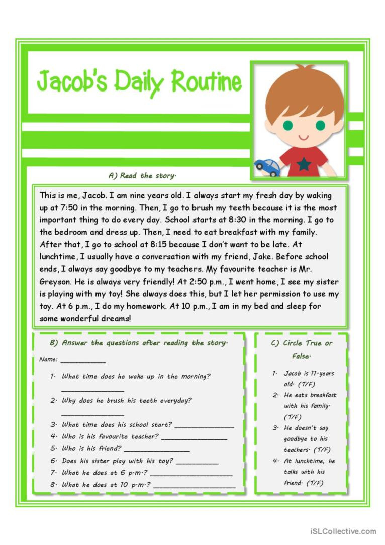 Reading Comprehension - Jacob&amp;#039;S Dail…: English Esl Worksheets Pdf with regard to Daily Reading Comprehension Worksheet