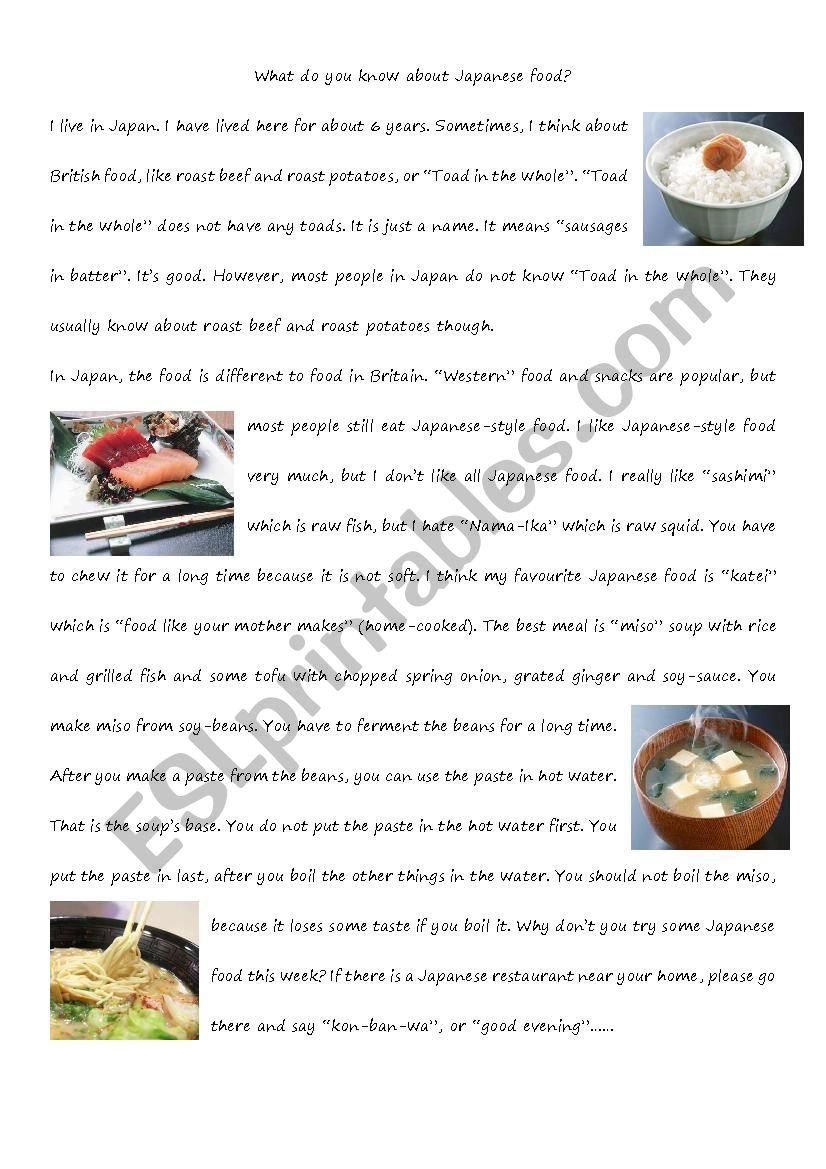 Reading Comprehension - Japanese Food - Esl Worksheetmatthew@Elsp inside Japan Reading Comprehension Worksheets