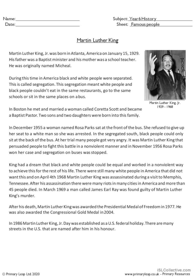 Reading Comprehension - Martin Luthe…: English Esl Worksheets Pdf inside Martin Luther King Reading Comprehension Worksheet