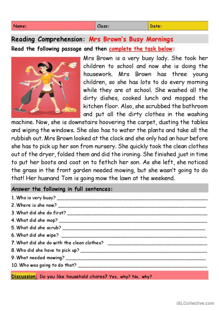 Reading Comprehension: Mrs. Brown&amp;#039;S…: English Esl Worksheets Pdf &amp;amp; Doc regarding Reading Comprehension Worksheet Islcollective