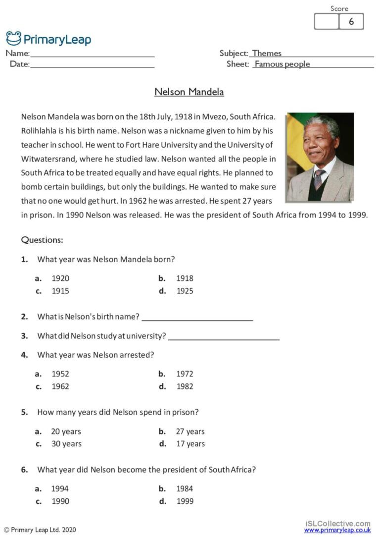 Reading Comprehension - Nelson Mande…: English Esl Worksheets Pdf throughout Nelson Mandela Reading Comprehension Worksheets