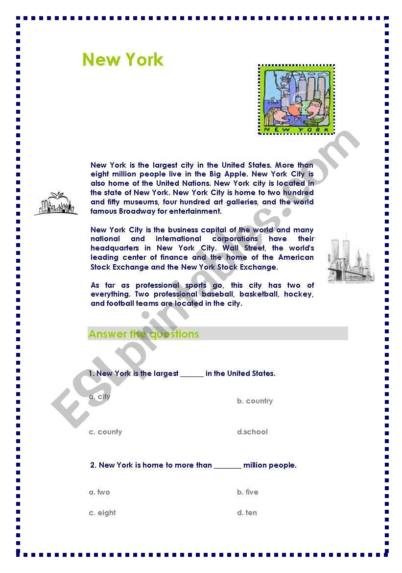 Reading Comprehension- New York - Esl Worksheetsuperbubble in Reading Comprehension New York Worksheets
